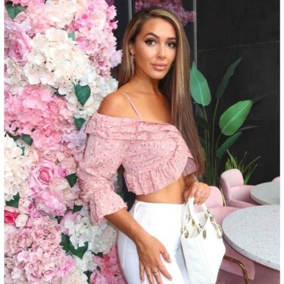 Pink Floral Print Long Sleeve Cold Shoulder Ruffle Crop Top - Picture 15 of 16